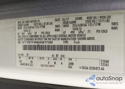 2017 Ford Transit-250 z USA, uszkodzony, nr VIN 1FTYR1YM9HKB17386